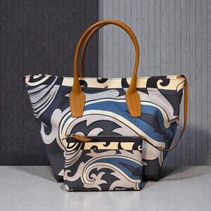 Etro Blue & White Canvas & Leather Trim Tote Set (A754)